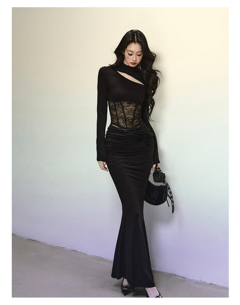 Women Lace Hollow out Design Tops With Mermaid Skirts Sets